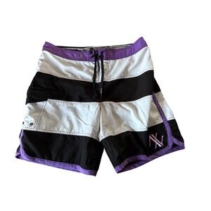 Atwater black white and purple swim trunks board shorts striped